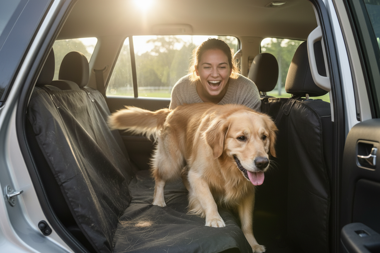 make a picture of an owner happy with his dog getting out of the dog car seat cover