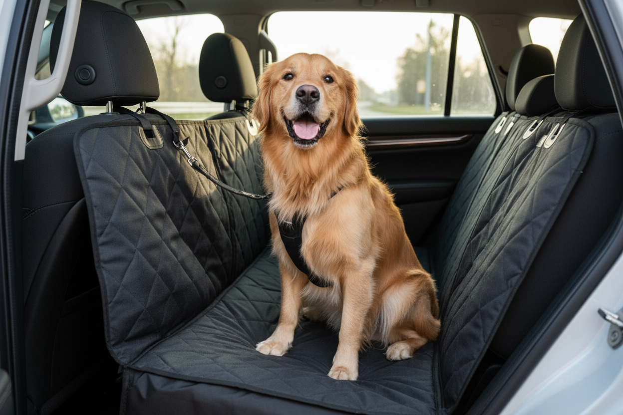 make an image of a dog in a car with a dog seat cover


